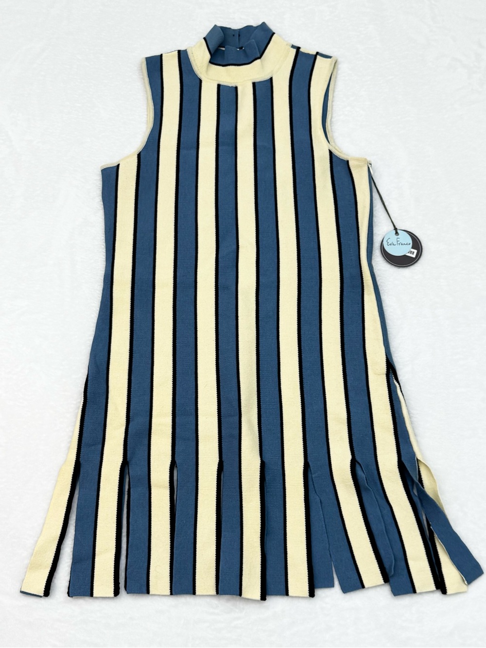 Anthropologie Eva Franco Mock-Neck Mini Cream Blue Stripe Dress Women's Medium